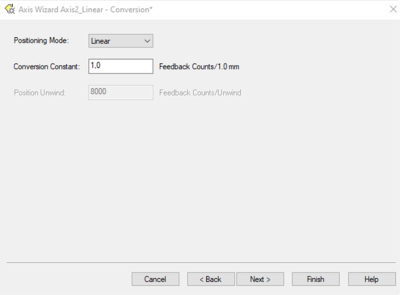 Axis Wizard Axis2_Linear Conversion showing Position Mode Linear and Conversion Constant of 1.0